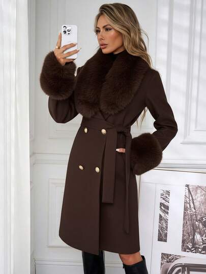 SHEIN Clasi Women's Double-Breasted Belted Fluffy Trimmed Elegant Long Coat In Fall/Winter,Women's Winter Clothes
