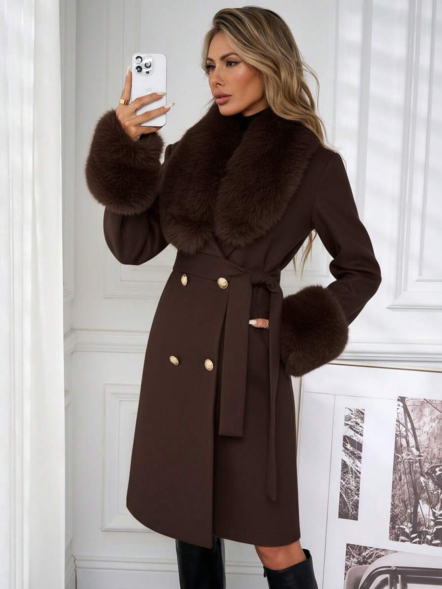 SHEIN Clasi 女士双排扣腰带蓬松饰边优雅长款秋冬大衣 - 摩卡棕 - 查看 1