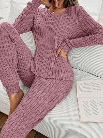 SHEIN Damski komplet piżamowy z prążkowanego polaru z dekoltem w serek i długim rękawem, z spodniami, odzież zimowa