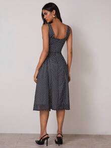 COSMINA 女式复古优雅波尔卡圆点印花露背腰褶下摆连衣裙，夏季 - 黑與白 - 查看 2