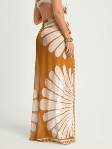 CAJUNI Women Beach Vacation Printed Cover Up, Swimsuit Cover Up Skirt, Beach Cover Up Skirt, Sarong Skirt, Bikini Cover Up Skirt, Sarong Coverup - Khaki - View 2