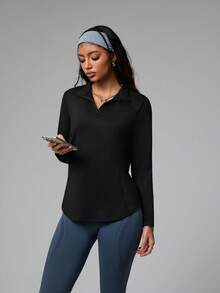 Dewbera Black Long - Sleeve Fitted Sports Polo Shirt For Women, Half - Zip Stand - Up Collar + Striped Design, 4 - Way Stretch Breathable & Quick - Dry, Versatile For Golf/Tennis/Daily Activities In Autumn & Spring - Black - View 5