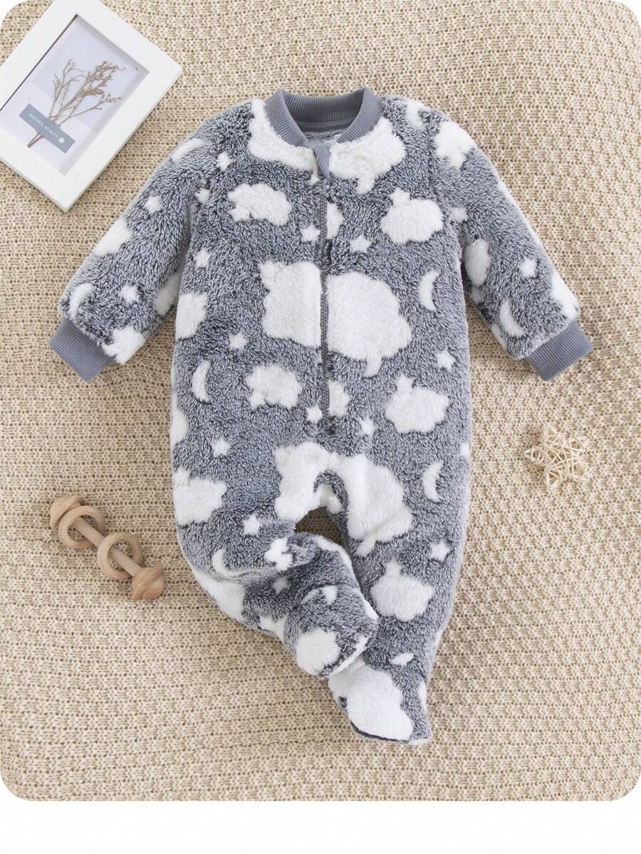 SHEIN 新生婴儿女孩/男孩衣服星星图案加厚长袖连脚连体衣 - 深灰色 - 查看 1