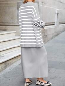 Cloudara Women's Striped Sweater And Skirt Two Piece Set - Light Grey - View 3