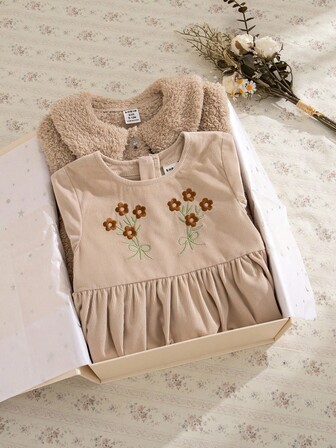 Souflis Souflis 2025秋冬法式休闲米色长袖羊毛外套搭配刺绣二合一连衣裙女童装，适合上学、外出和休闲