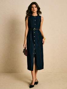 Poéselle Women's Fashion Front Button Sleeveless Denim Dress, Suitable For Commuting Summer Dresses For Women Denim Midi Dress Women Denim Dresses Casual Midi Dress Curve Denim Dress Denim Button-Down Dress Denim Dress For Women - Dark Wash - View 3