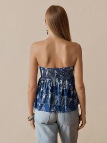 Florisole Top bandeau estampado retro para mujer - Azul - Ver 2