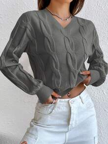 Cloudara Solid Cable Knit V Neck Crop Sweater - Grey - View 5