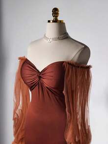 Viva Relle Váy đuôi cá dài chấm đất tay bồng màu trơn thanh lịch - màu nâu - Xem 4