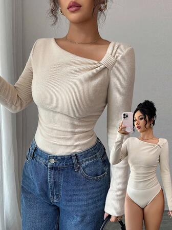 Rafferiza Höst/vinter Ny enfärgad borstad ribbad sned krage veckad långärmad T-shirt, slim fit casual bodysuit för kvinnor