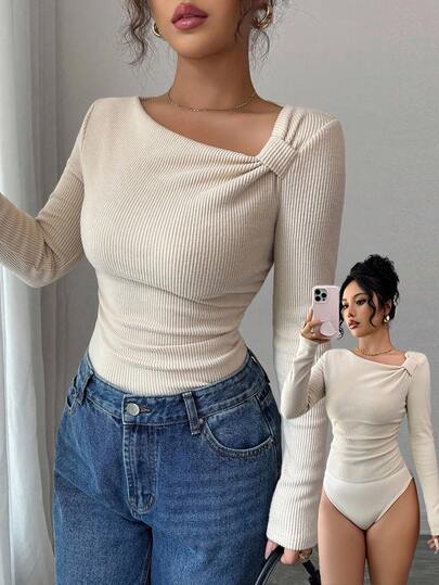 Selianne Camiseta de manga larga con cuello oblicuo plisado, de unicolor y textura cepillada, para mujer, ajuste slim, casual