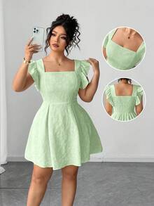 Elenzga Đầm xòe tay bèo nhún Jacquard màu trơn phong cách nghỉ dưỡng thanh lịch cỡ lớn cho nữ, mùa hè - Màu xanh Bạc hà - Xem 3