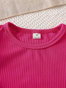 2 件套年轻女孩韩版圆领长袖上衣和时尚数码印花喇叭裤，休闲修身装，春秋季 - 玫紅色 - 查看 3