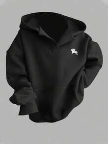 SHEIN EZwear 休闲简约女式复古硬币马匹印花宽松长袖卫衣，带口袋，适合秋冬季节、街头风、机场时尚，时尚图案 - 黑色 - 查看 6