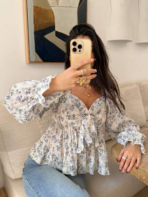 Serisse Camisa informal con nudo delantero y estampado floral pequeño para mujer, otoño