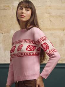 lacRébo Pink Cosy Jumper With Red Floral Pattern Vintage Cute Winter Knitwear New Year Office Spring Summer - Multicolor - View 1