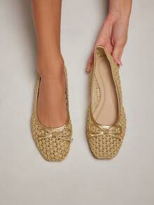 SHUZIA 女士编织 PU 一脚蹬方头简约芭蕾平底鞋 - 舒适百搭经典必备 - 金色 - 查看 3