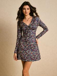 Poéselle Women's Casual Ditsy Floral V-Neck Tie Front Waist Cinched Mini Dress, Spring/Autumn Ditsy Floral Dress Long Sleeve Summer Dresses Ditsy Print Dress 70s Dress Daisy Dress Women - Navy Blue - View 1