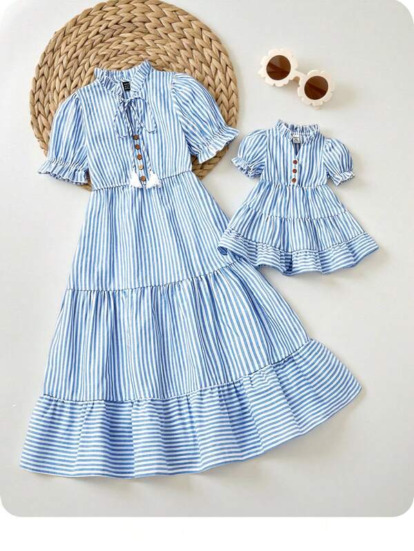 Baby Girls Striped Cap Sleeve Dress, Summer Vacation,Mommy And Me  Matching Outfits (Sold Separately)