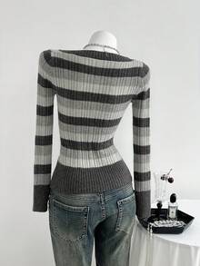 Elamini Suéter de punto ajustado con cuello en V, mangas largas y hombros regulares, a rayas, sexy y de moda para mujer