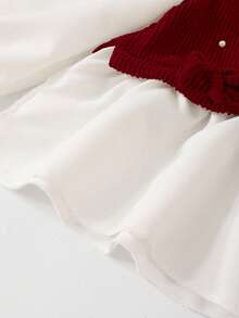 女童休闲衬衫套装，酒红色，蝴蝶结装饰，串珠，罗纹针织和梭织面料，长袖翻领荷叶边下摆衬衫搭配酒红色珍珠喇叭裤，2 件套，适合返校季，休闲、时尚、甜美、舒适的装扮 - 酒紅色 - 查看 8