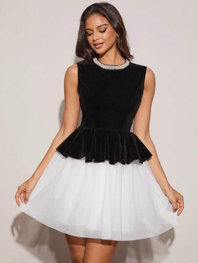 Enchnt Winter Romantic Women's Elegant Black And White Faux Pearl Decor Velvet & Mesh Peplum Waist Mini Dress,Chic&Elegant For Fashion Party&Birthday,Christmas Dress,New Year Dress,Black And White Dress,Winter Dresses For Women,Winter Clothes For Dresses,Dresses For Women Elegant