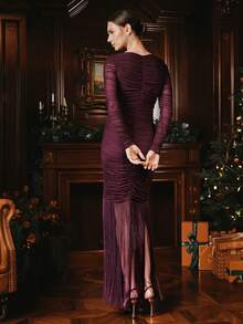 Anewsta Elegant Chiffon Dress With Ruched Details, Fringe Trim, And Mesh Panels, Suitable For Wedding Party, New Year, Luxury, Chic, Spring, Summer, Valentine - Red Violet - View 2
