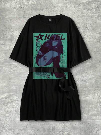 Y2Kool Wtfsylvia Cinturón de mujer negro con estampado retro de personaje de anime, telaraña, mariposa, estrella y texto para vestido de estilo Y2K, nueva colección de ropa de moda para Año Nuevo