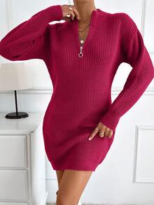EURMUSE Vestido de malha casual de cor sólida com detalhe de zíper feminino - Rosa - Ver 6