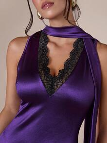 COSMINA Vestido elegante ajustado con cuello en V sin mangas y parches de encaje para mujer - Bold Plum - Ver 6
