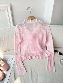 Modelyn 2pcs Romantic Ruffled Embroidered Floral Cardigan & Camisole Knit Set For Women, Pink Autumn Winter Clothes For Women - Pink - View 6