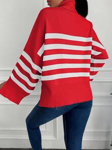 SHEIN Cottnline Striped Pattern Turtleneck Drop Shoulder Split Cuff Sweater - Red - View 2