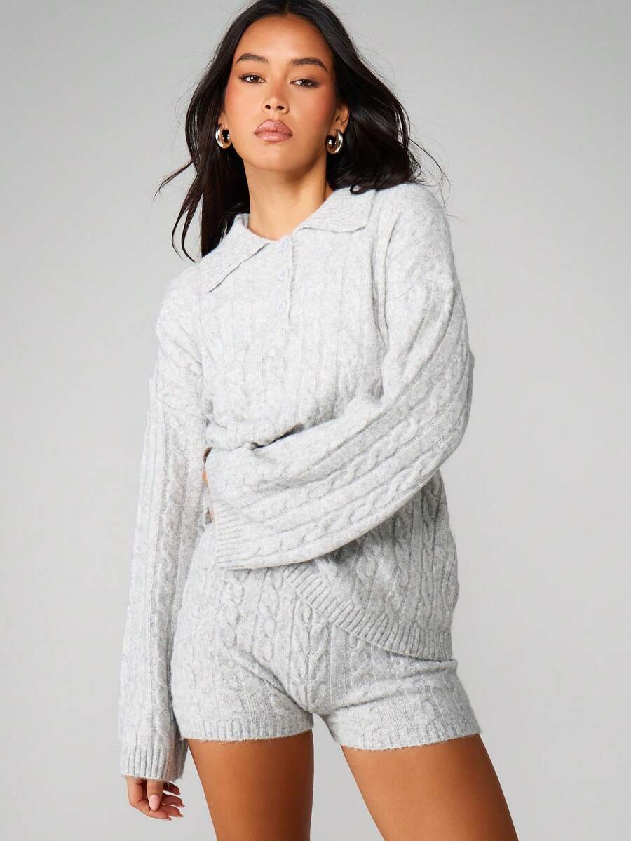 MISSGUIDED 女士冬季家居服麻花针织 Polo 衫和热裤套装 - 灰色 - 查看 1