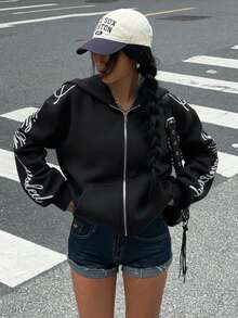 Muchica Autumn Women's Black Hooded Zipper Long Sleeve Letter Embroidery Design Casual Sweatshirt, Long Sleeve Top Graduation, Back To School Clothing, Graduation, Women's Teacher Clothing, Autumn And Winter Back To School,Fall,Fall Clothes For Women - Black - View 4