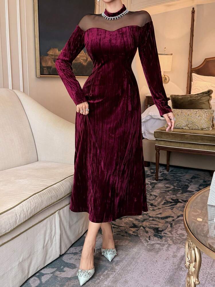 Women's Elegant Party Mesh Patchwork Mid-Length Dress Prom Dress