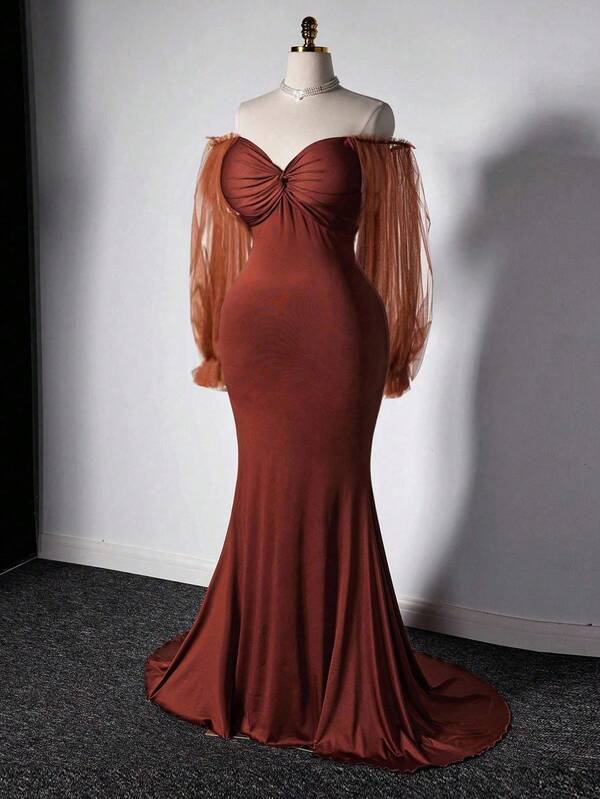 Grovea Solid Color Bubble Sleeve Fitted Floor-Length Elegant Mermaid Dress