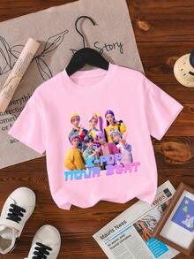 SHEIN 年轻女孩休闲时尚舒适百搭创意可爱卡通/K-Pop 灵感字母图案短袖圆领 T 恤，适合户外、运动、学校、所有季节 - 粉色 - 查看 3