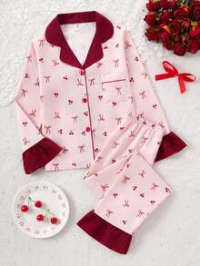 2pcs/Set Sweet Cherry & Bow Print Long Sleeve Cardigan And Pants, Casual And Comfortable Girls Loungewear - Multicolor - View 3