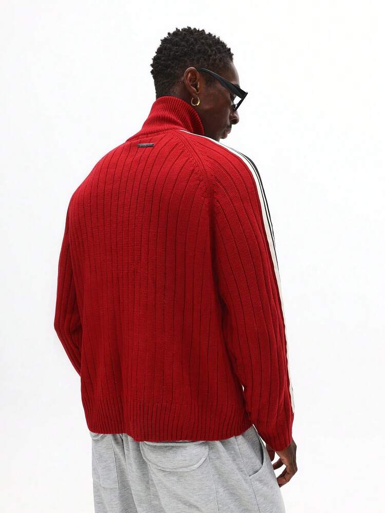 Ribbed Knit Full Zip Cardigan With Contrast Stripes