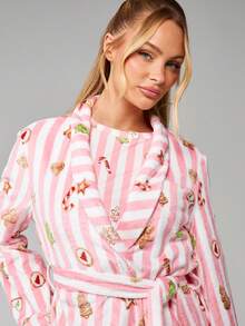 MISSGUIDED 圣诞印花条纹羊毛晨衣连帽浴袍节日休闲长袍腰带 - 彩色 - 查看 4