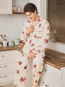 CoupledUp 圣诞睡衣套装，雪花、驯鹿和圣诞老人印花，米色长袖上衣和裤子，男士睡衣套装，冬季服装 - 杏色 - 查看 6