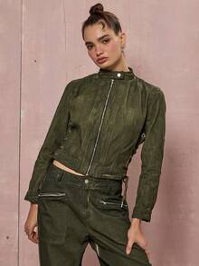 COUREZ Biker Denim Jacket With Lattice Detail /Y2K Winter Clothes For Women Going Out Tops New Year Winter Tops Winter Coats Jackets For Women - Olive Green - View 5