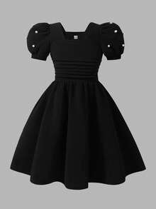 女童优雅纹理面料方领泡泡袖串珠高端针织连衣裙，红色，夏季新款 - 黑色 - 查看 1