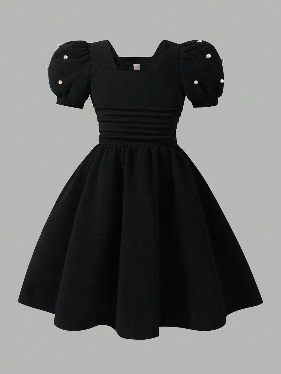 女童优雅纹理面料方领泡泡袖串珠高端针织连衣裙，红色，夏季新款 - 黑色 - 查看 1