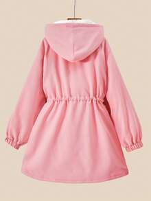 SHEIN Explorewe 少女休闲简约加厚字母刺绣连帽外套，松紧腰，适合秋冬外出、上学、旅行 - 粉色 - 查看 2