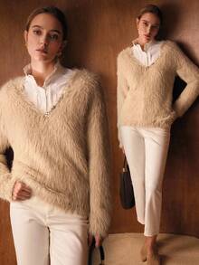 MOTF PREMIUM METAL DECOR FLUFFY KNIT PULLOVER SWEATER - Khaki - View 2