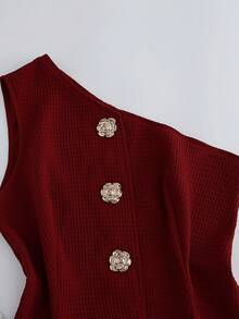 Franclia 法式时尚性感不对称肩部酒红色华夫格针织女式秋冬上衣，饰有金属搭扣。女式露脐上衣，红色上衣，优雅衬衫，女士优雅风格，女士优雅上衣，女士新年风格。 - 酒紅色 - 查看 8