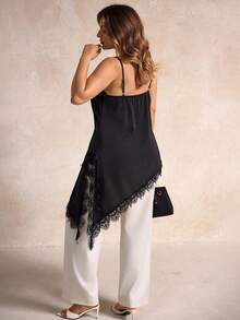 Elegantrix Plus Size Women Urban Casual Lace Asymmetric Hem V-Neck Patchwork Solid Color Camisole