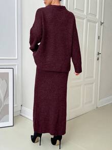 EURMUSE Conjunto feminino de suéter e saia elegante, conjunto coordenado de suéter e saia longa - Borgonha - Ver 2