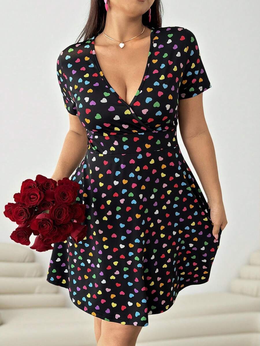Solflare Valentine's Day Outfit, Colorful Heart Print V-Neck Plus Size Dress - Multicolor - View 1